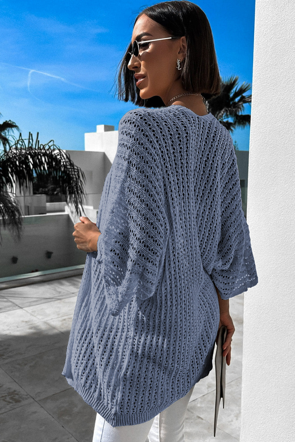 Sky Blue Hollow-out Bracelet Sleeve Knit Cardigan