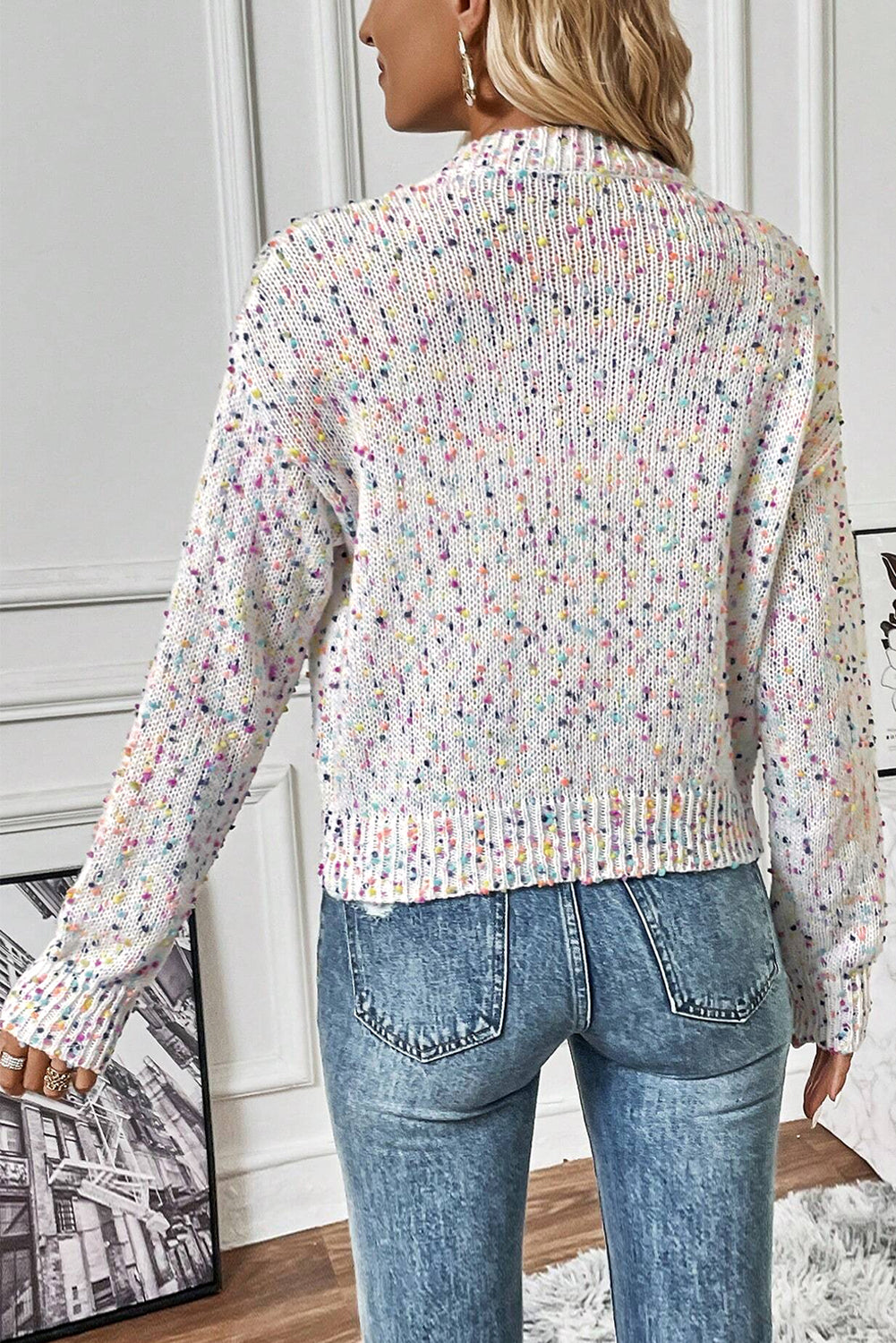 White Rhinestone Decor Multicolor Confetti Sweater Cardigan