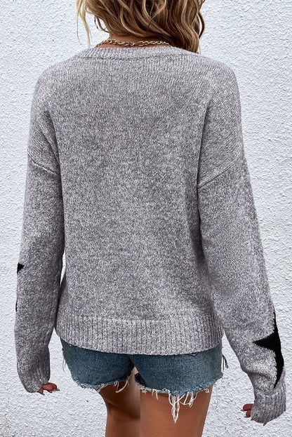 Gray Star Pattern Drop Shoulder Sweater