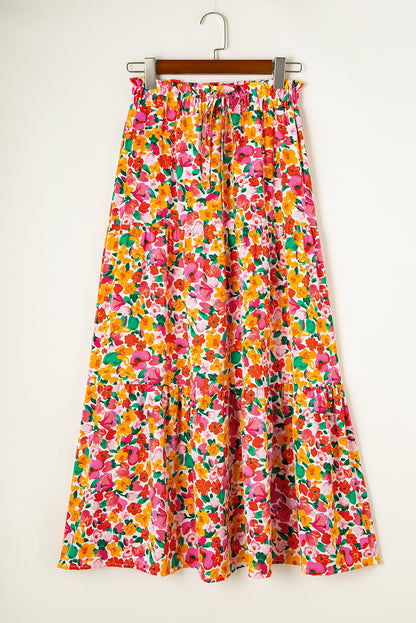 Yellow Boho Floral Print Tiered Long Skirt