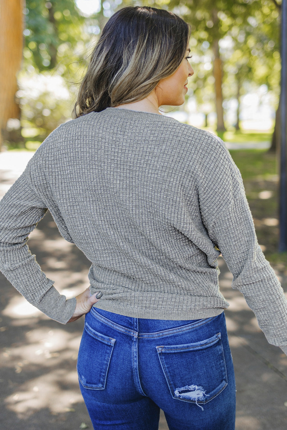 Gray Wrap V Neck Waffle Sweater