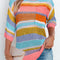 Pink Stripe Colorblock Hollowed Crochet 3/4 Sleeve Sweater