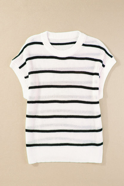 White Stripe Round Neck Batwing Sleeve Sweater