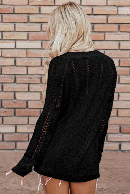 Black Solid Open Knit Cardigan