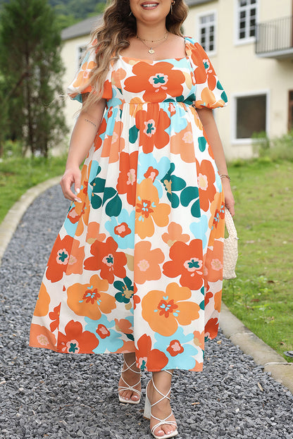 Orange Plus Size Flower Print Shirred Square Neck Maxi Dress