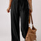 Black Drawstring Elastic Waist Casual Wide Leg Pants