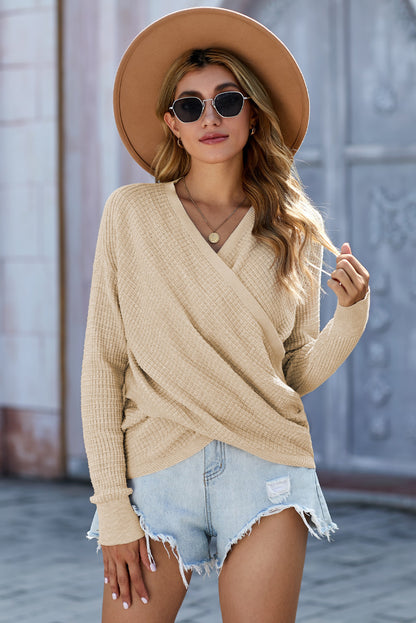 Apricot Wrap V Neck Waffle Sweater