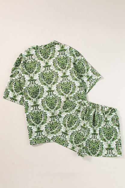 Green Vintage Floral Print Open Top and Shorts Outfit