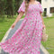 Pink Plus Size Floral Print Smocked Puff Sleeve Dress