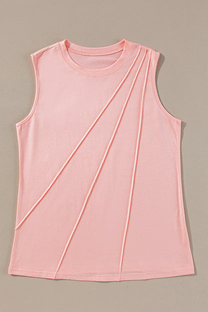 Light Pink Crew Neck Pleated Tank Top