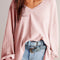 Light Pink Waffle V Neck Long Sleeve Drop Shoulder Loose Blouse