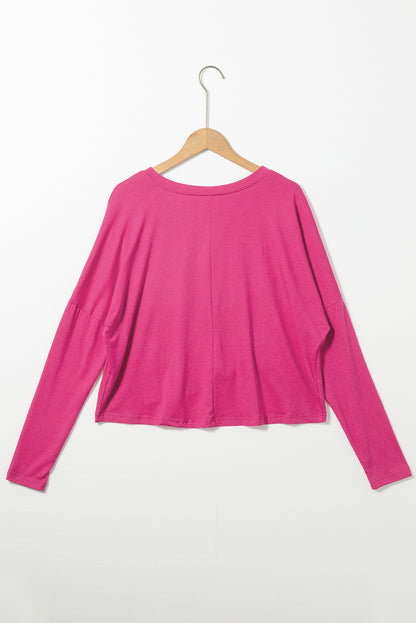 Rose Red Loose V Neck Dropped Long Sleeve Top