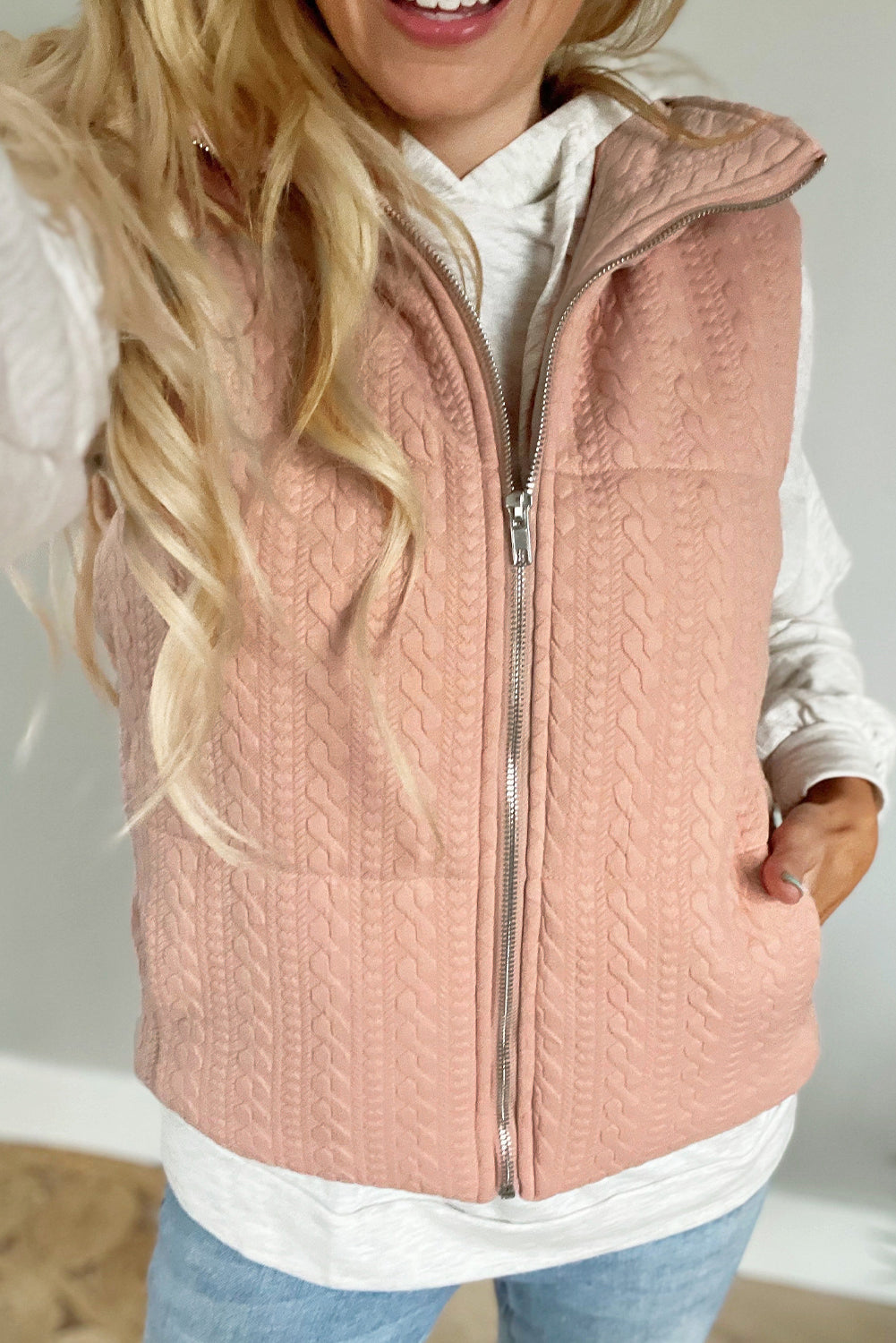 Pale Chestnut Cable Textured Zip Up Vest Jacket