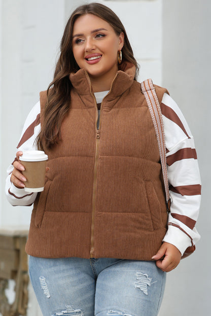 Coffee Corduroy Stand Neck Zipped Puffer Vest