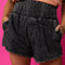 Black Smocked High Waist Mineral Washed Jean Shorts