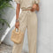 Beige Crinkled Elastic Hem Crop Tee and Wide Leg Pants Set