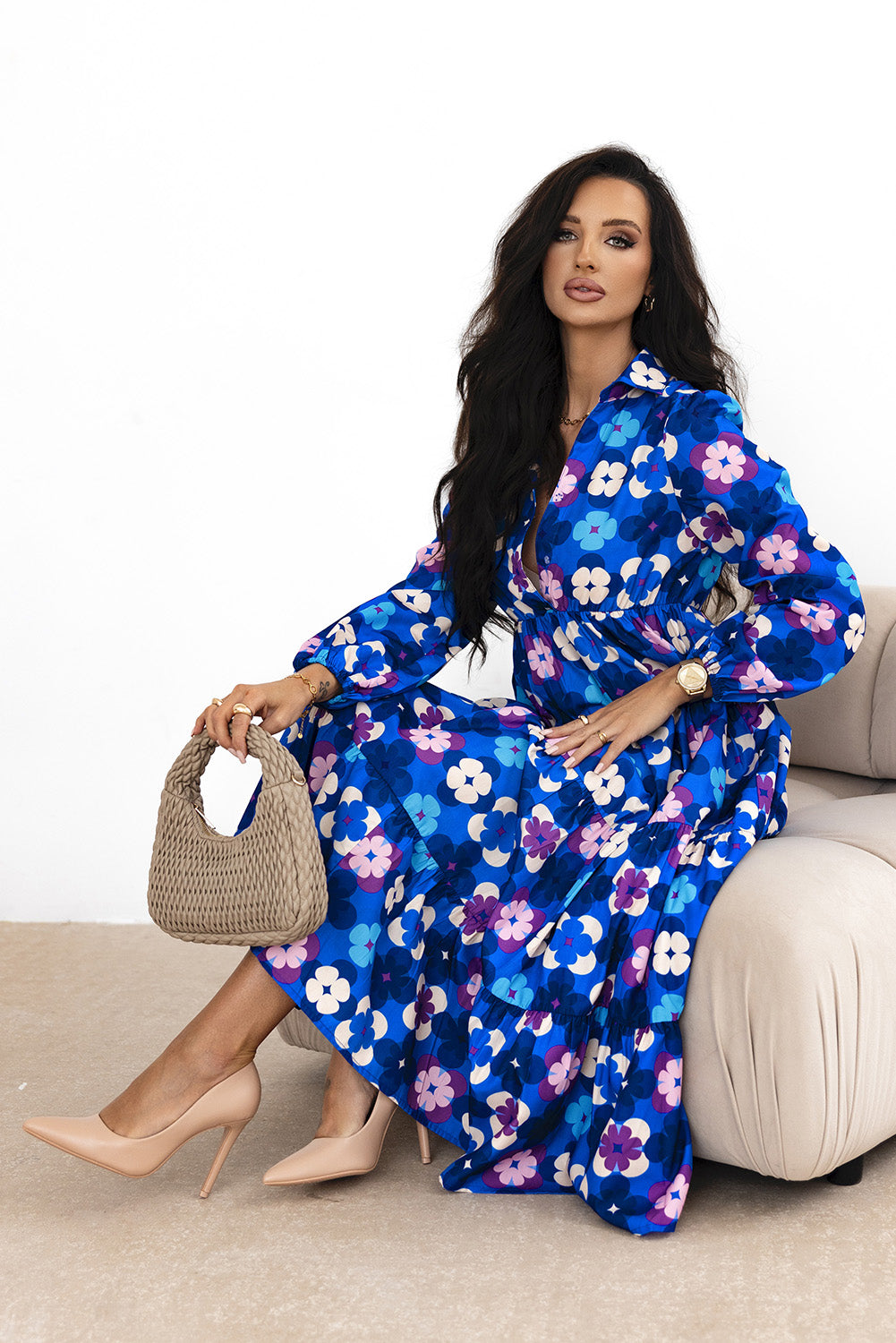 Blue Floral Peasant Sleeve Tiered Ruffle Midi Dress