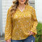 Yellow Plus Size Floral Print Ruched Split Neck Blouse