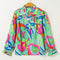 Green Abstract Printed Flounce Sleeve V Neck Buttoned Plus Size Blouse