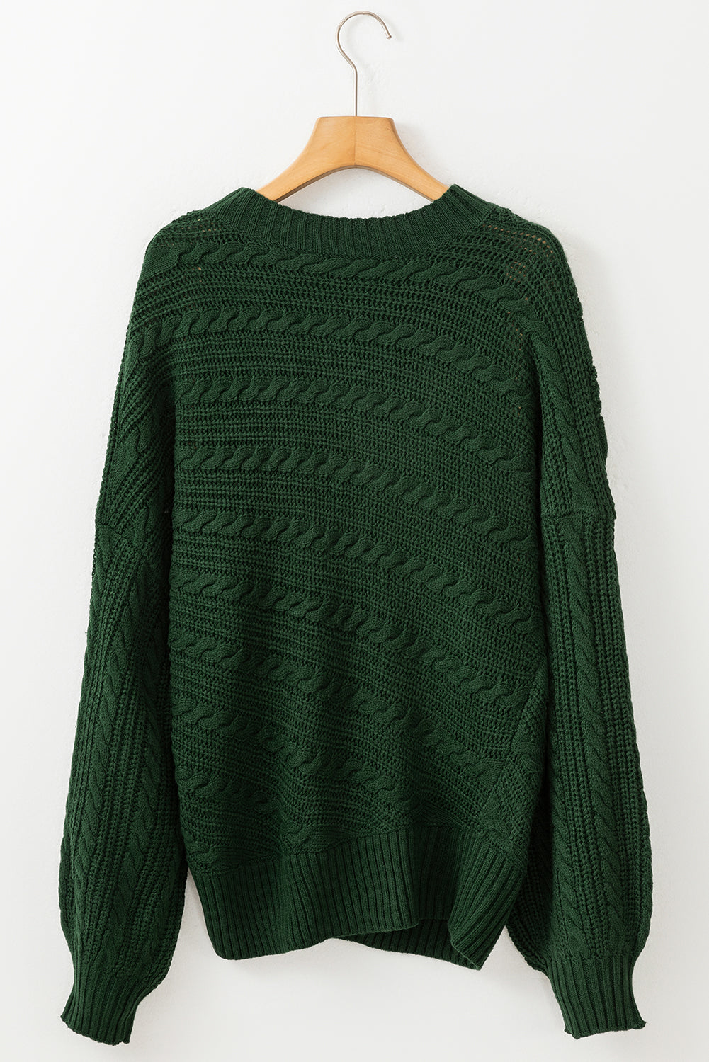 Blackish Green Mock Neck Lantern Sleeve Cable Knit Sweater