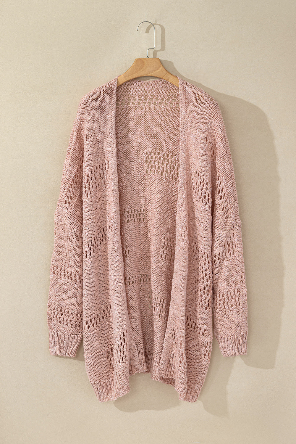 Pink Casual Hollowed Knit Dolman Sleeve Cardigan