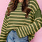 Green Stripe Drop Shoulder Casual Sweater