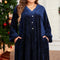 Navy Blue Plus Size Textured Velvet Tiered Button V Neck Dress