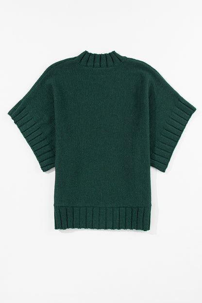 Blackish Green Mock Neck Batwing Short Sleeve Knit Sweater