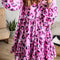 Rose Leopard Print Buttoned Front 3/4 Sleeve Tiered Ruffled Hem Dress