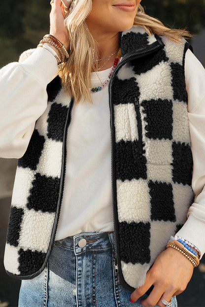 Black Checkered Sherpa Collared Jacket Vest