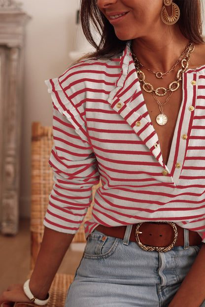 Red Striped Print Ruffled Buttoned Long Sleeve Top