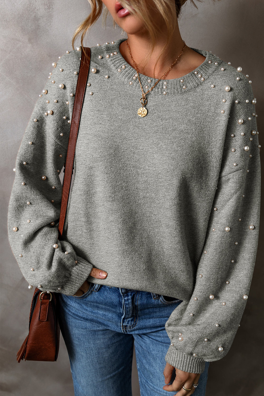 Light Grey Pearled Drop Shoulder Round Neck Sweater