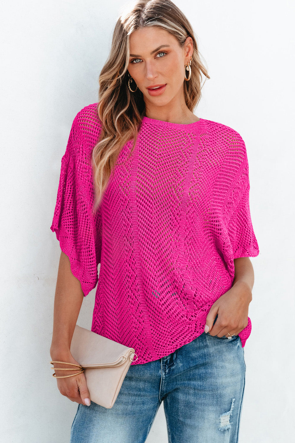 Rose Red Pointelle Knit Scallop Edge Short Sleeve Top