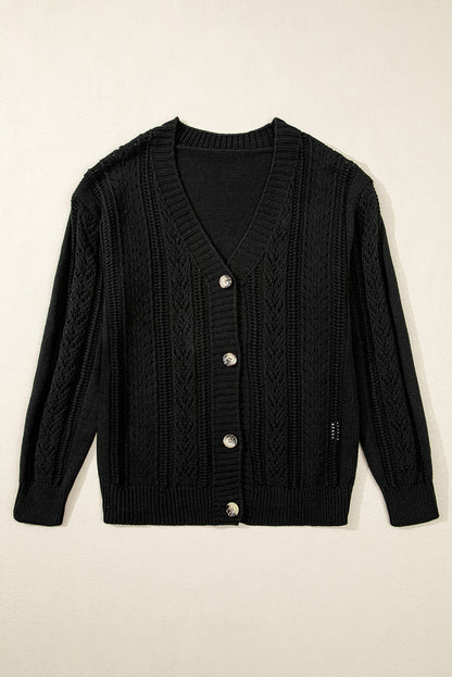 Black Open Knit Drop Shoulder Sweater Cardigan