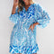 Sky Blue Bohemian Print Puff Sleeve Tied V Neck Flared Mini Dress