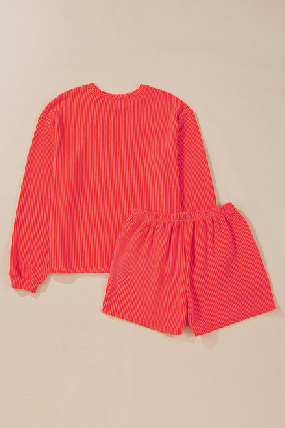 Casual Corded Knit Long Sleeve Top and High Waist Shorts Set