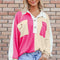 Rose Red Colorblock Ribbed Collared Oversized Sweatshirt