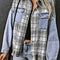 Sky Blue Plaid Patchwork Fringed Flap Pockets Denim Jacket