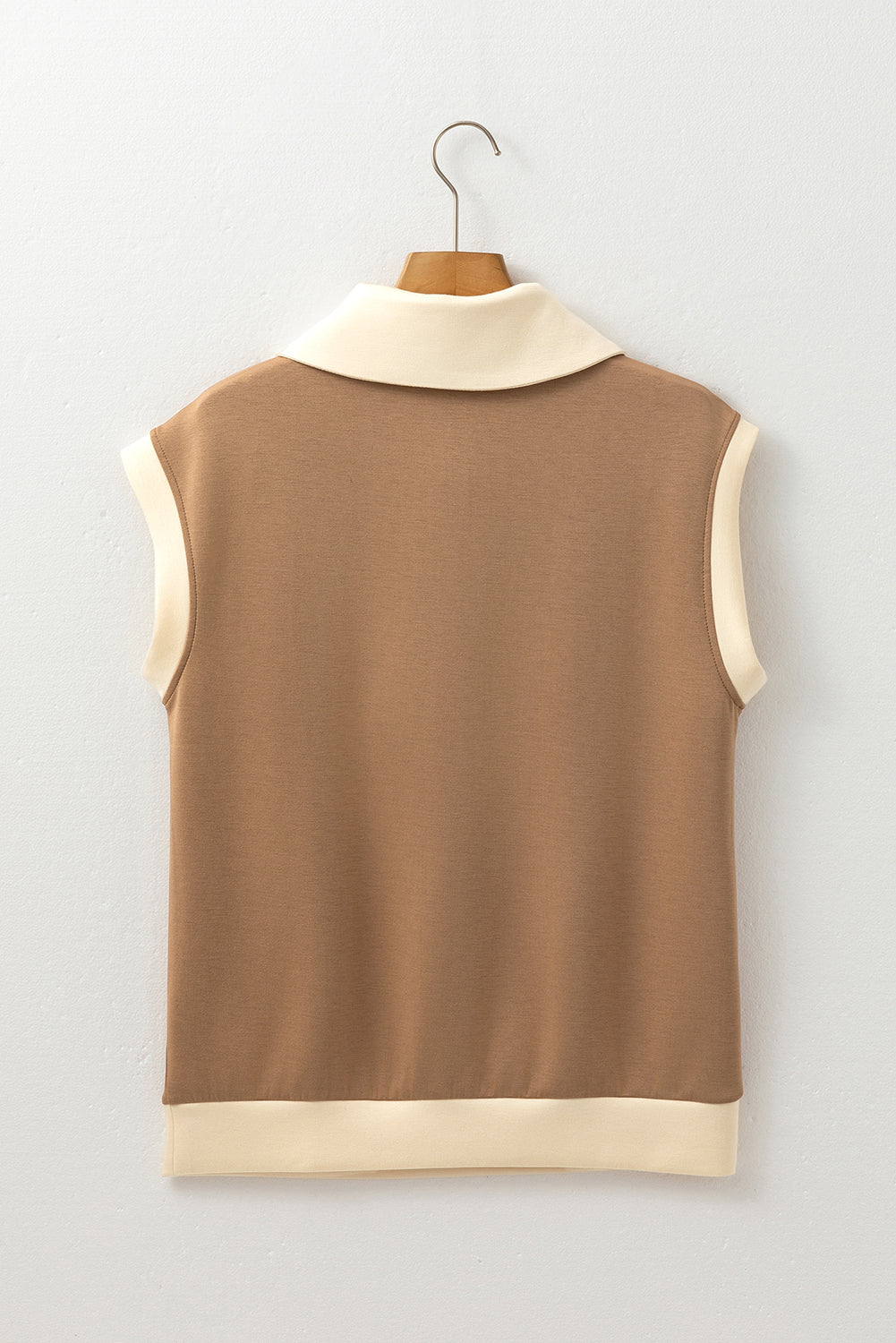 Simply Taupe Half Zipper Collared Colorblock Short Sleeve Top