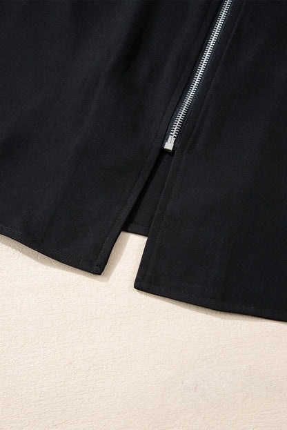 Black Collar Tab Sleeve Zip Up Flap Detail Jacket