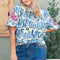 Sky Blue Stripe Plus Size Abstract Print Floral Embroidered Puff Sleeve Blouse