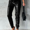 Black Smocked High-Waist Leather Skinny Pants