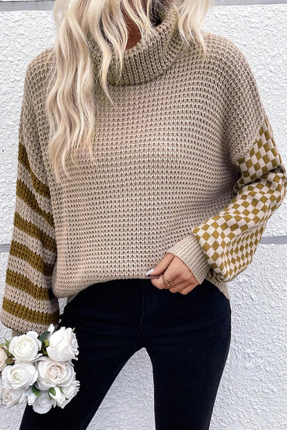 Smoke Gray Striped Plaid Patchwork Waffle Knit Turtleneck Sweater