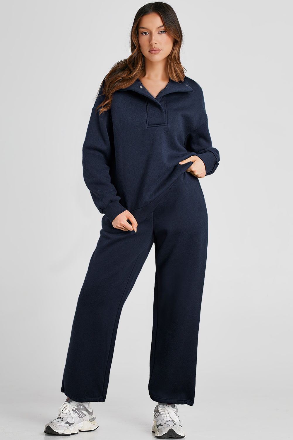 Navy Blue Solid Color Collared Sweatshirt and High Waist Pants Set