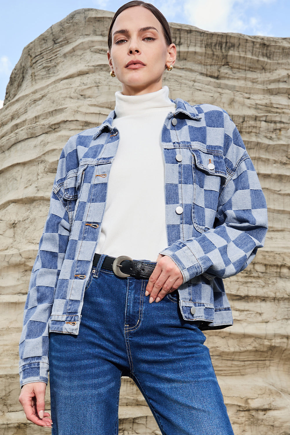 Light Blue Checkered Patchwork Button up Denim Jacket