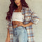 Sky Blue Plaid Flap Pocket Long Sleeve Shacket