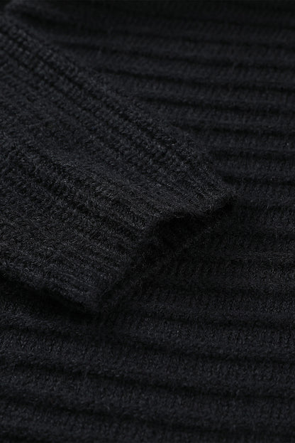 Black Horizontal Rib Knitted Open Front Hooded Cardigan