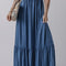 Sail Blue Solid Color Lace up High Waist Tiered Maxi Skirt