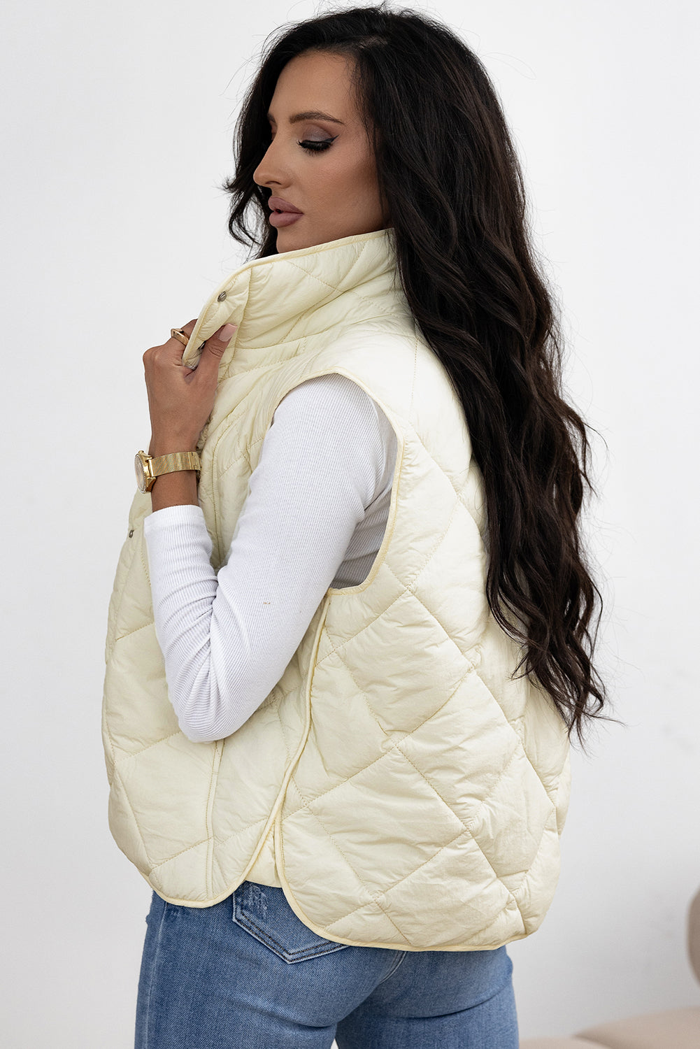 Beige Quilted High Neck Button Up Pocket Vest Coat