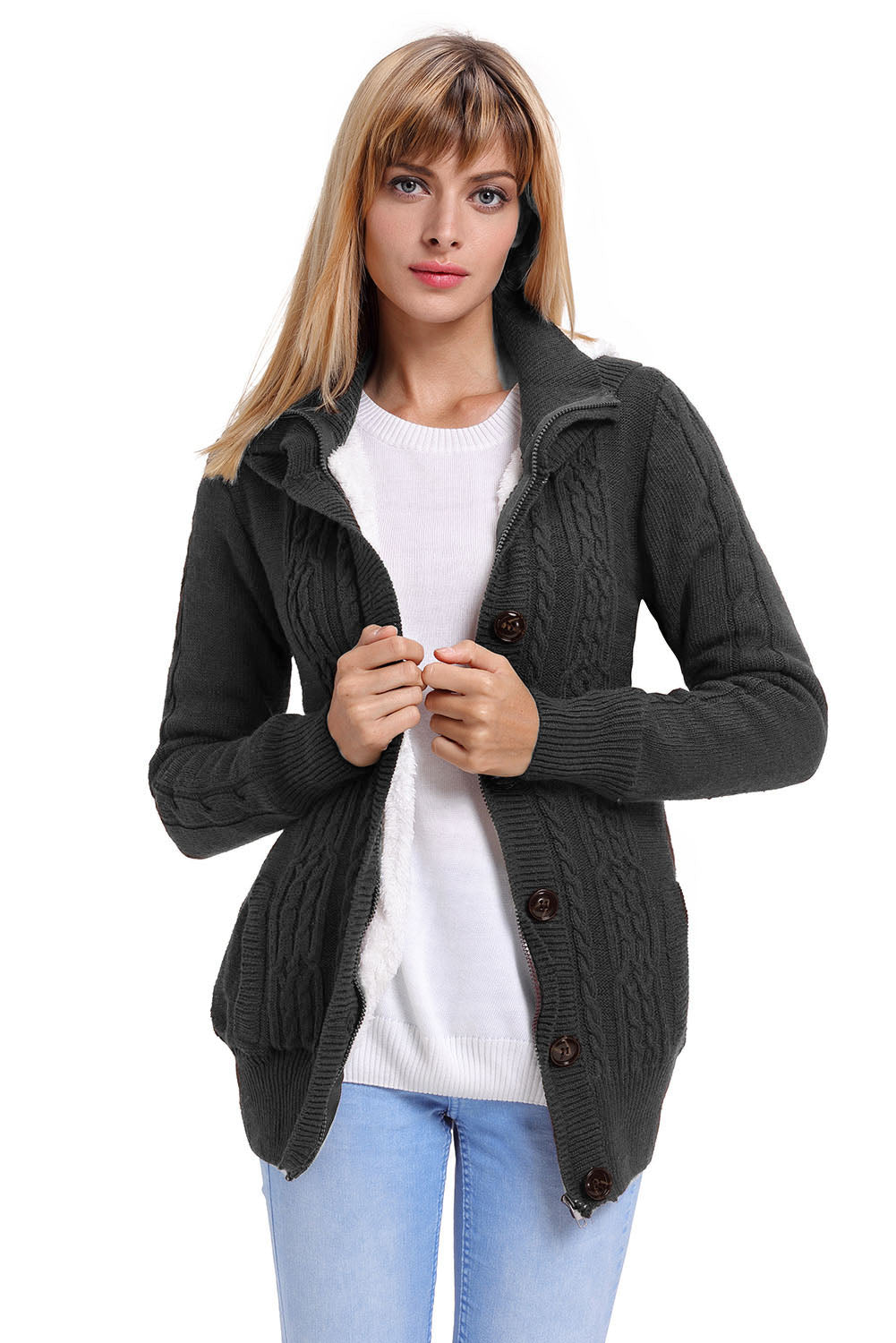 Charcoal Long Sleeve Button-up Hooded Cardigans